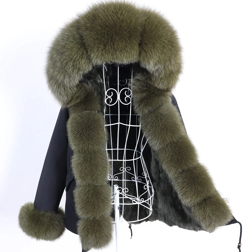 Maomaokong Winter Women Parka Cotton Jacket Real Fur Coat Natural Fox Fur Hooded Rabbit Fur Liner Thick Warm Outerwear Female