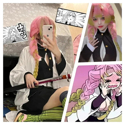 Anime Kanroji Mitsuri Cosplay Costume Kimono Haori Dress Wig Clothes Halloween Costume for Adult Children SS69