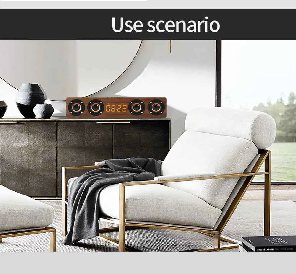 Rechargeable Wooden Alarm Clock with Bluetooth Soundbar Subwoofer Speaker and FM Radio for Home or E-sport Game Room Decoration