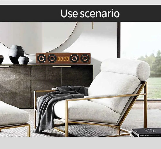 Rechargeable Wooden Alarm Clock with Bluetooth Soundbar Subwoofer Speaker and FM Radio for Home or E-sport Game Room Decoration