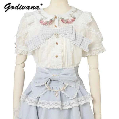 Japanese New Liz Plaid Bow Lolita Strawberry Embroidered Short Sleeve Shirt Women's Spring Summer Sweet Blouse Shirts