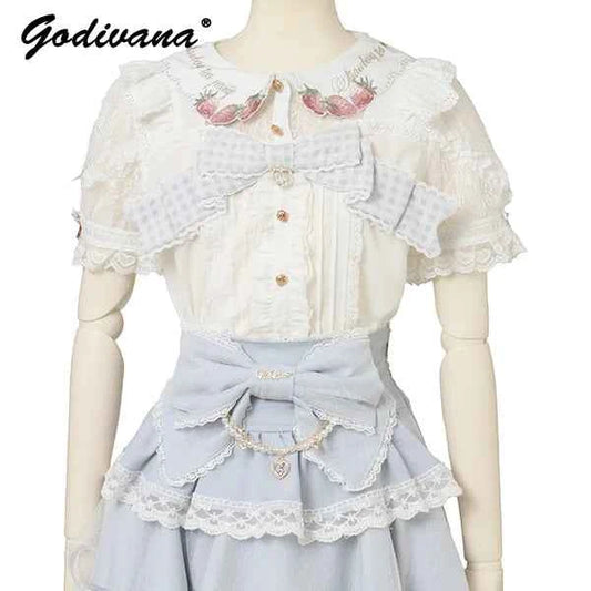 Japanese New Liz Plaid Bow Lolita Strawberry Embroidered Short Sleeve Shirt Women's Spring Summer Sweet Blouse Shirts