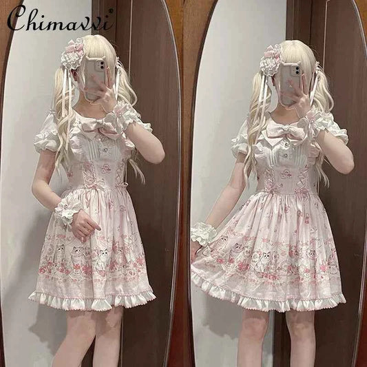 Original New Spring Summer Cute Print Short-sleeved Lolita OP Dress Japanese Sweet Girl Mass-produced Kawaii Bow Short Dresses