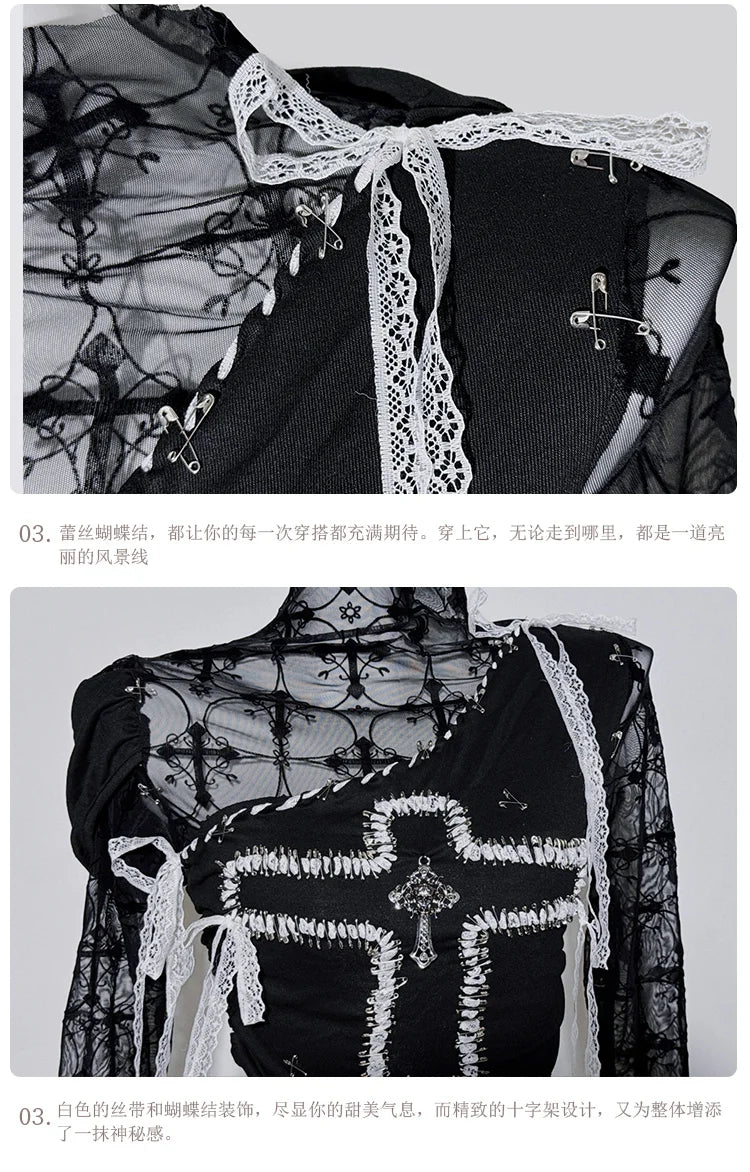 Original Design Punk Rock Cross Patch Long Sleeve Slash Tshirt Gothic Women Subculture Lace Ruffled Holloween Tee Tops Clothing SS69