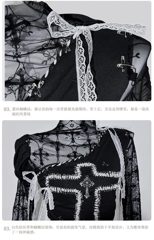 Original Design Punk Rock Cross Patch Long Sleeve Slash Tshirt Gothic Women Subculture Lace Ruffled Holloween Tee Tops Clothing SS69