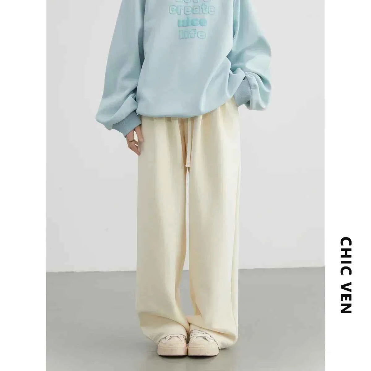 CHIC VEN Women's Pant Streetwear Solid Loose New Drawstring Sports Casual Trousers High Waisted Pants Autumn Winter 2025