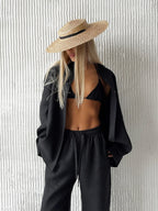 Bornladies Women's Cotton Long Sleeve Shirt & Wide Leg Pants Set