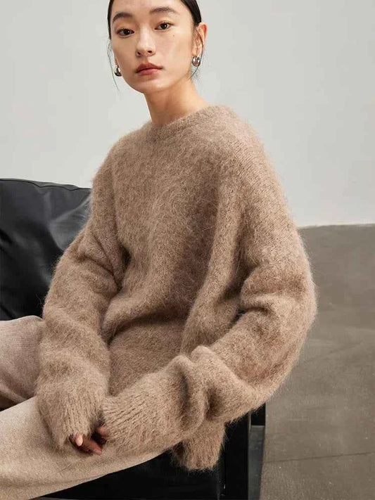 Warm Alpaca Pullovers for Woman, Dropped Sleeved Loose Sweaters, 2025 Fall Winter Top, Camel, Beige