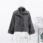 Fashion Short Woolen Coat For Women Stand Collar Full Sleeve Loose Zipper Jacket Female 2025 Spring Autumn Solid Lady Outwear