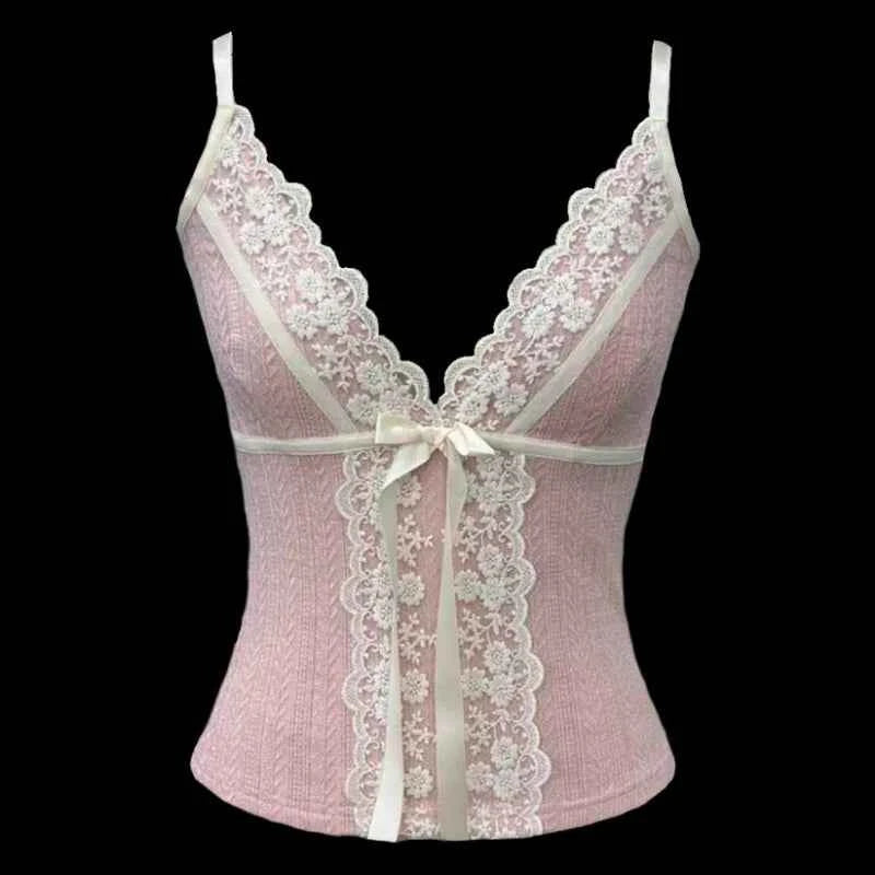 Xingqing Fairy Coquette Tank Top y2k Women Lace Floral V Neck Spaghetti Strap Sleeveless Vest with Bow 2000s Aesthetic Clothing