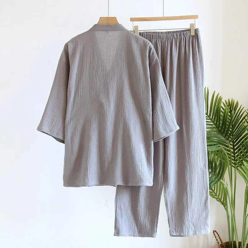 Large Size Kimono Robes with Pocket and Long Pants 2 Pcs Pajamas Set for Men Sleepwear Clothes Cotton Pjamas for Men