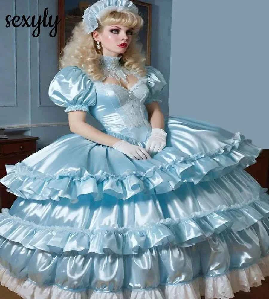 Cosplay Baby Blue Victorian Prom Dresses Robe De Bal Bustle 18th Medieval Evening Dress Tiered Lace Renaissance Formal Party