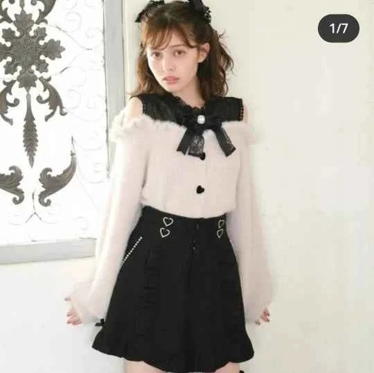 Liz Sweater Japanese Mass Production Autumn and Winter Woolen Off Shoulder Lace Slim Short Sweater Soft Furry Knitted Pullover