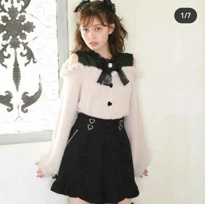 Liz Sweater Japanese Mass Production Autumn and Winter Woolen Off Shoulder Lace Slim Short Sweater Soft Furry Knitted Pullover