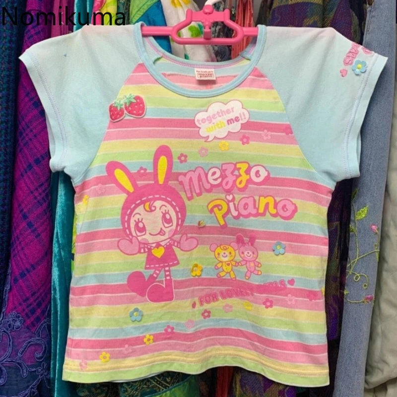 Shirts for Women Kawaii Japanese T Shirts 2025 Ropa Mujer Vintage Striped Short Sleeve Tees Y2k Tops Casual Fashion Crop T-shirt SS69