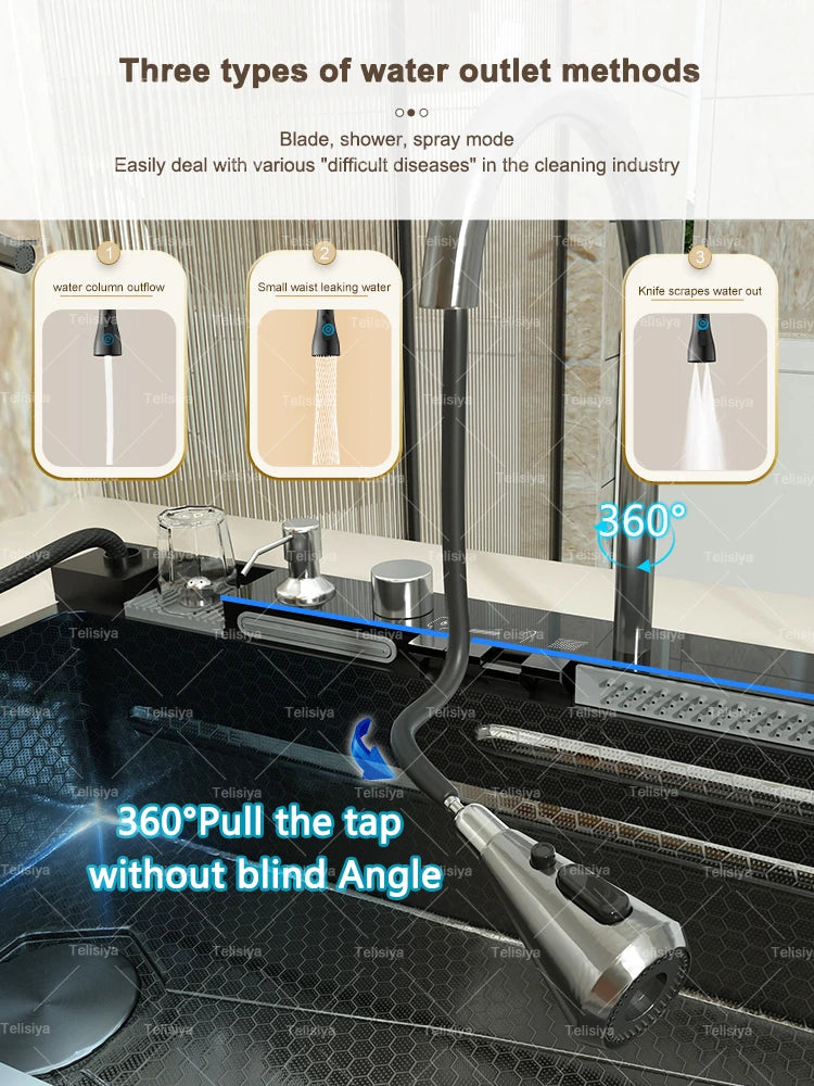 TELISIYAC Stainless Steel Waterfall Kitchen Sink - Large Single Bowl