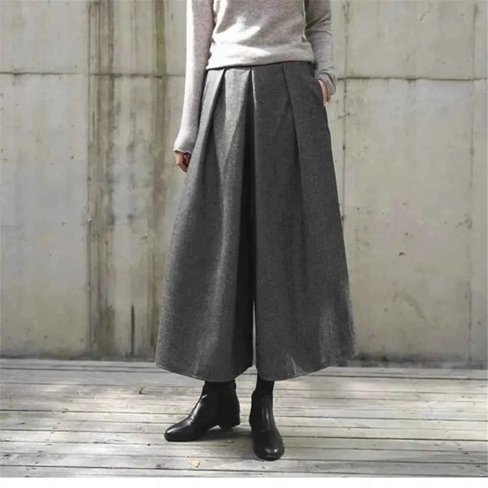 Loose Woolen Wide Leg Skirts Pants Women Pleated Casual Pants Winter Autumn Straight Trousers Elastic High Waist Fat Leg Pants