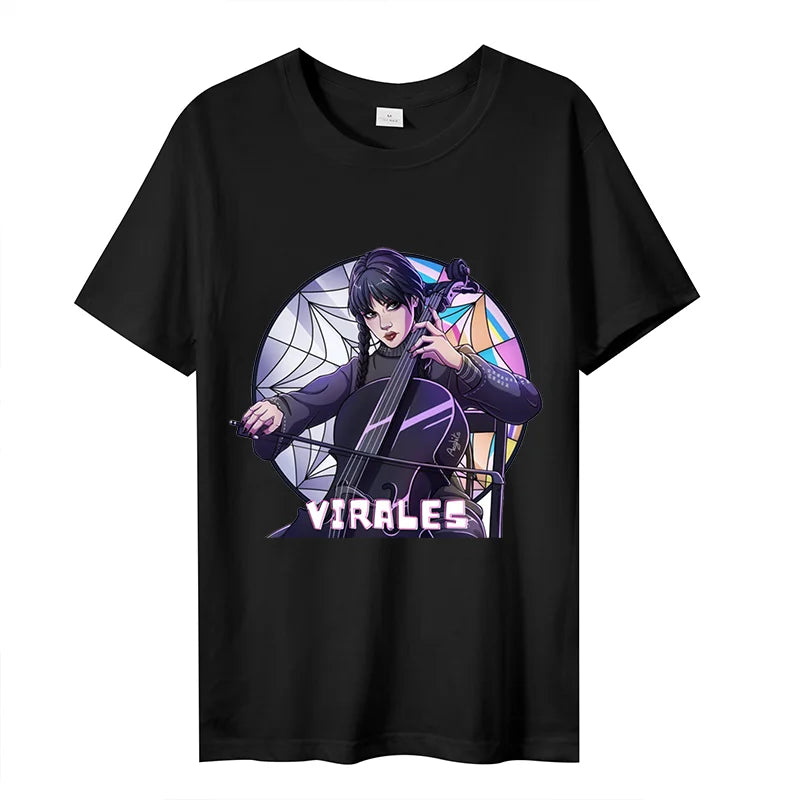 Wednesday Addams Women Casual T-shirt Summer Adult Cartoon Printed Tee Tops Girls Round Neck Clothing Short Sleeve Fashion Gifts SS69