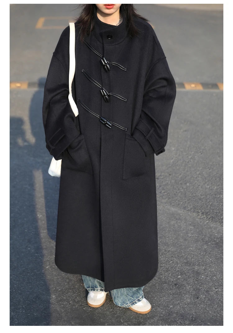 CHIC VEN Women Long Woolen Coats Single Breasted Loose Stand Collar Cow Horn Buttoned Office Ladies Overcoat Autumn Winter 2026