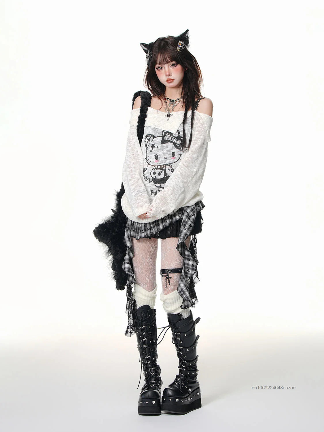 Sanrio Hello Kitty Y2k Spicy Girl Cute Graffiti T-shirt Slash Neck Micro Transparent Strap Top Women New Trend Long Sleeve Tees SS69