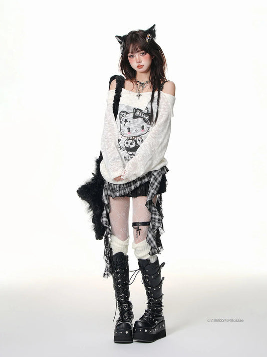 Sanrio Hello Kitty Y2k Spicy Girl Cute Graffiti T-shirt Slash Neck Micro Transparent Strap Top Women New Trend Long Sleeve Tees SS69