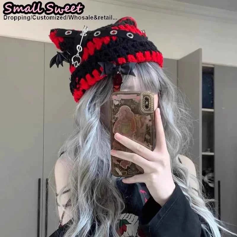 Women Winter rock Gothic Devil Pin Striped Cat Ear Grunge Beanie Hat fur ball Harajuku Punk Knitted Hat Chic Streetwear Hat