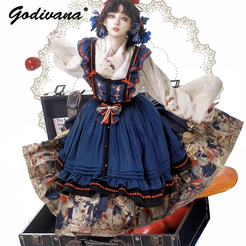 New Spring Chinese Style Female Long-sleeved Weaving Gold Hanfu Dress Set Suit Retro Top Suspender Dress and Pleated Skirt Set