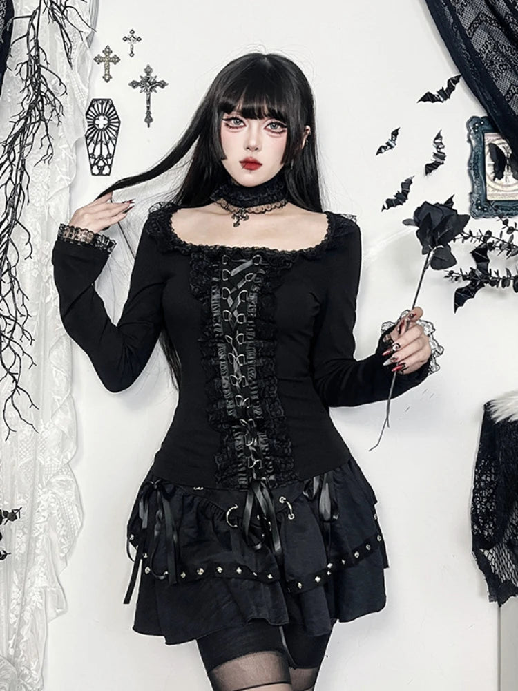 AltGoth Aesthetic Goth T-shirt Women Hotsweet Y2k E-girl 2000s Streetwear Lace Patchwork Square Collar Long Sleeve Crop Tee Tops SS69
