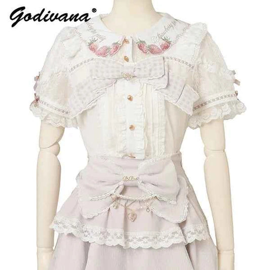 Japanese New Liz Plaid Bow Lolita Strawberry Embroidered Short Sleeve Shirt Women's Spring Summer Sweet Blouse Shirts