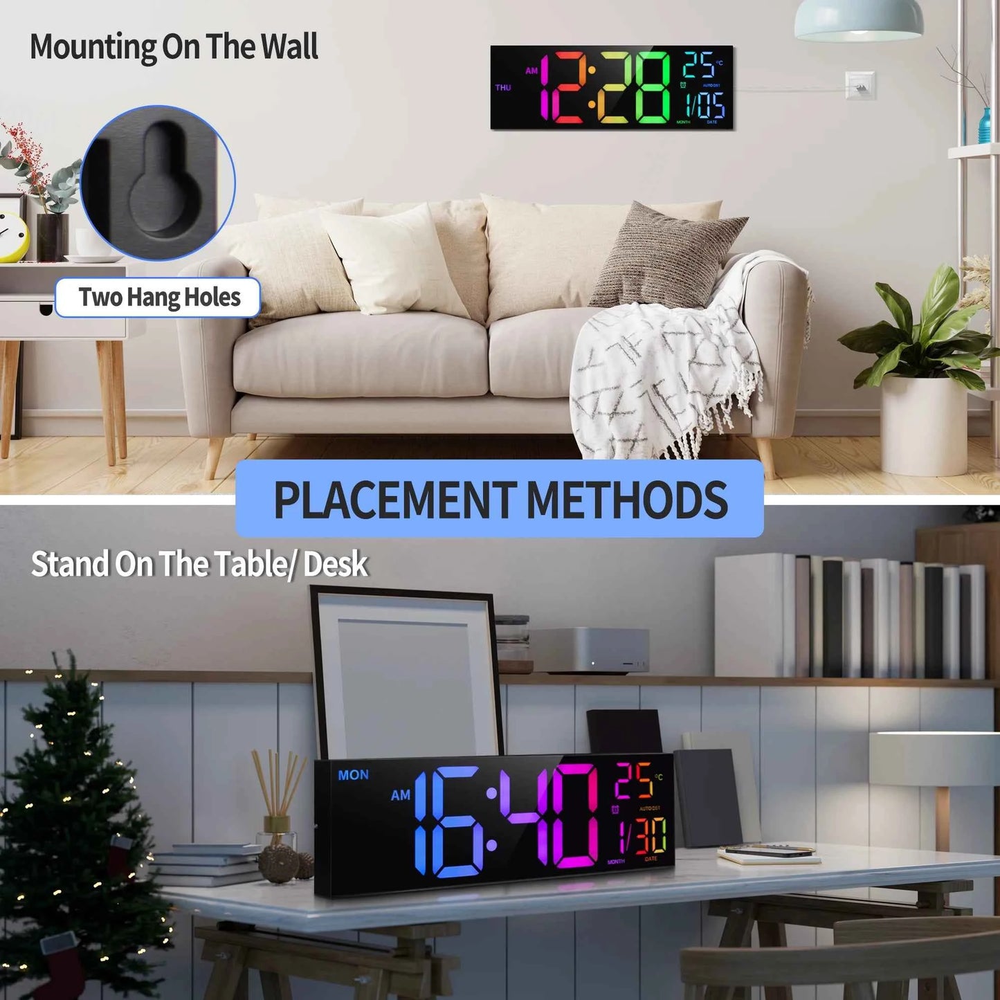 16" Large Digital Wall Clock, Big LED Display with Remote, 8 RGB Color, Alarm, DST, Temperature for Living Room, Kitchen