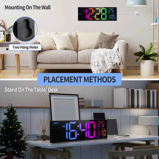 16" Large Digital Wall Clock, Big LED Display with Remote, 8 RGB Color, Alarm, DST, Temperature for Living Room, Kitchen