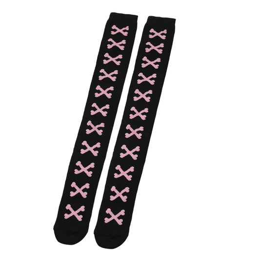 SS69 Women's Bone Print Thigh High Socks - Cotton Blend Cosplay Stockings