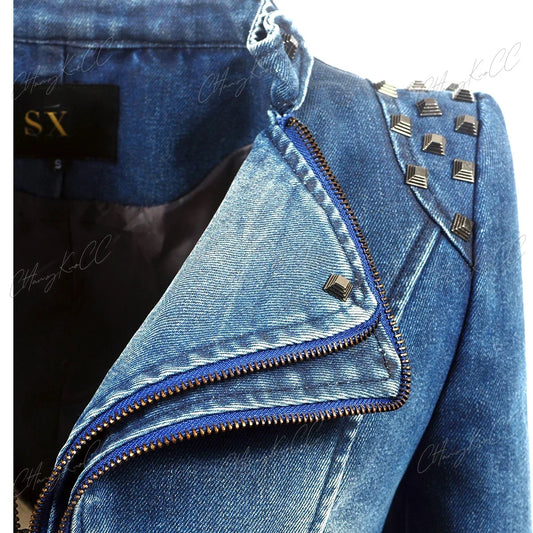 Punk Rivet Short Denim Slim Jackets Women Wash Long Sleeve Vintage Casual Studs Jean Outerwear Motorcycle Denim Coat Large Size SS69