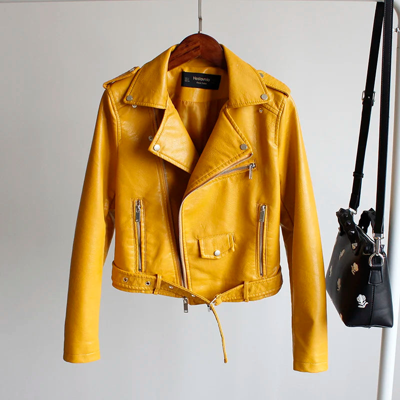 Women's PU Leather Motorcycle Jacket - Slim Fit, Turn-Down Collar