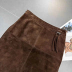 Retro Brown Genuine Kid Suede Real Leather Pencil Skirt Side Slit Soft Lambskin Midi Skirt with Knee Length Women
