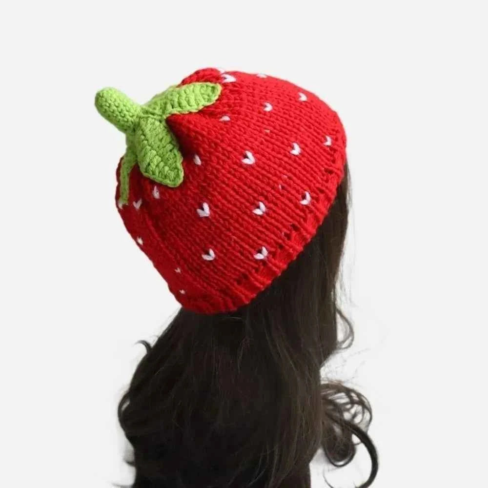 Creative Warm Knitted Fruit Hat Thick Soft Strawberry Pullover Cap Brimless Stretchy Skiing Hat Winter Head Accessory