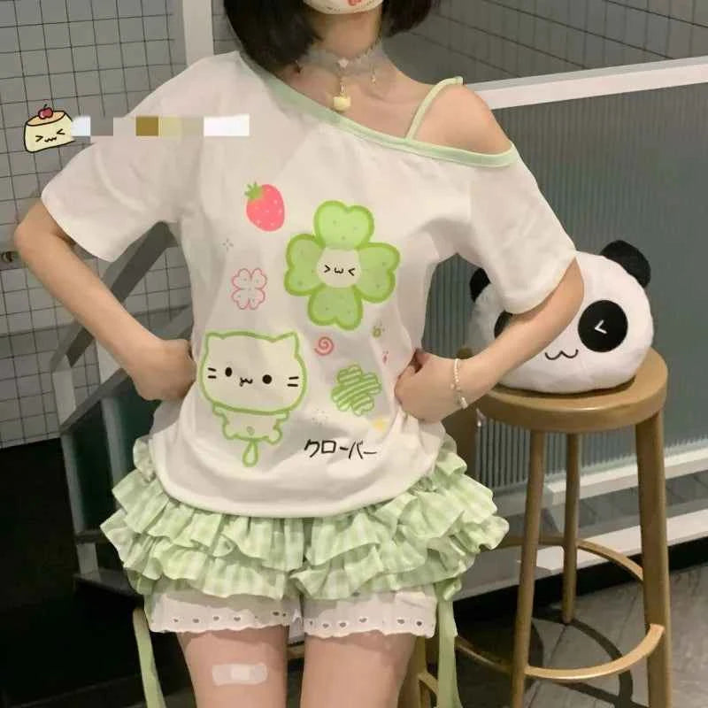 Kimotimo Green Plaid Bow Skirt Shorts Women Elastic Waist Slim Ift Short Pants Japanese Kawaii Versatile Y2k Aesthetic Clothes