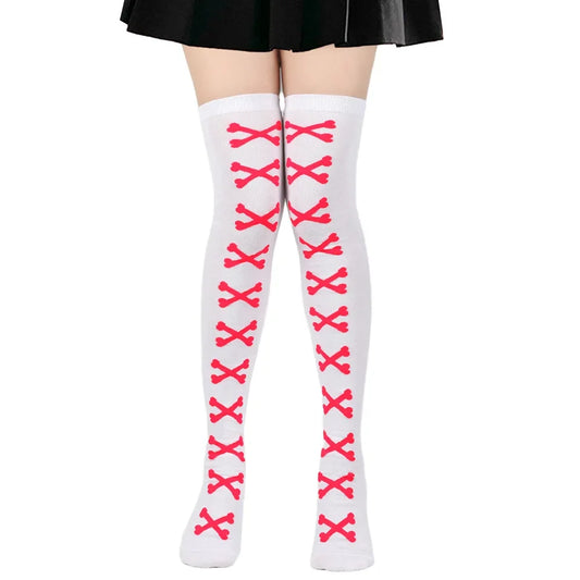 SS69 Women's Bone Print Thigh High Socks - Cotton Blend Cosplay Stockings