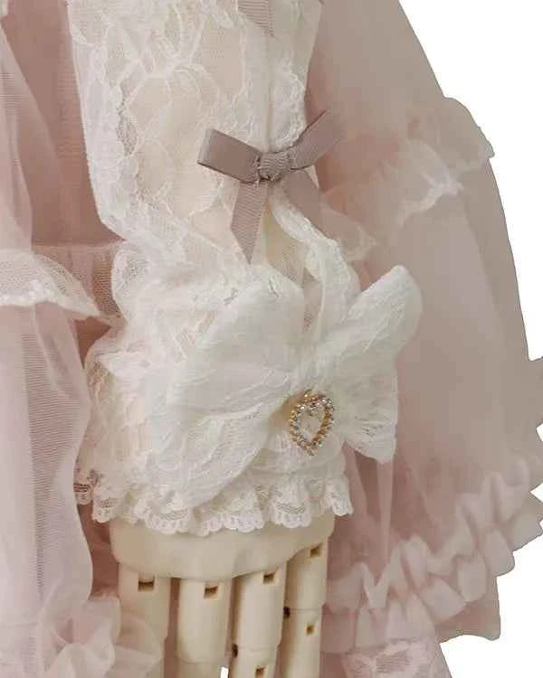 Japanese Sweet Heavy Industry Splicing Sleeve Strap Lace Bow Lace Shirt Summer Autumn New Elastic Slim Long-sleeve Tshirt Top