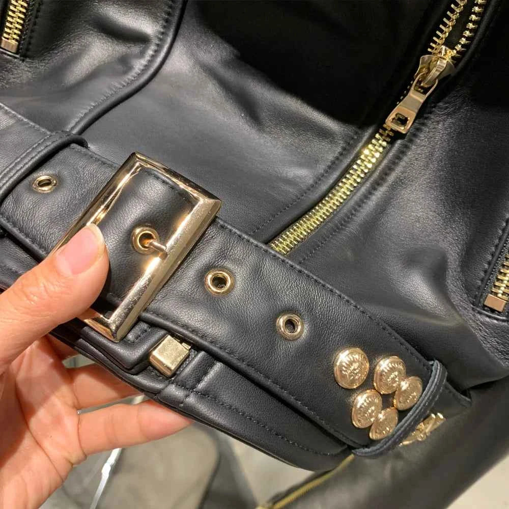 Leather Jacket Rivet High Street Ladies Autumn and Spring Fashion Wear Genuine Sheepskin Jacket 5860