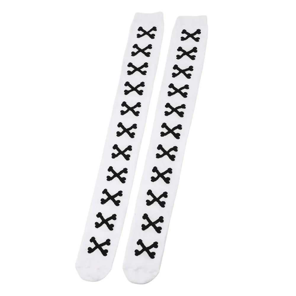 SS69 Women's Bone Print Thigh High Socks - Cotton Blend Cosplay Stockings