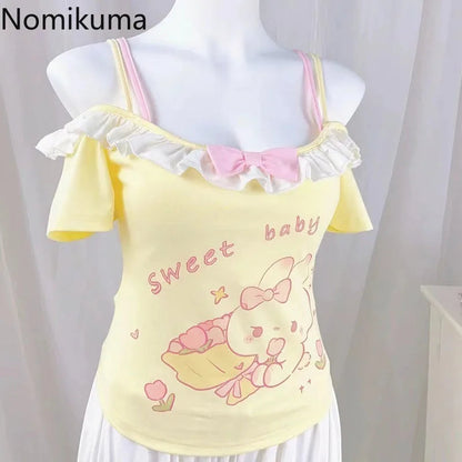 2025 Ropa Mujer Sweet Woman T Shirts Slash Neck Short Sleeve Tees Fashion Japnese Camisetas Y2k Tops Ruffles Anime Cute Tshirts SS69