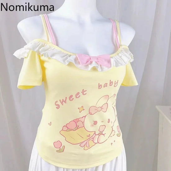 2025 Ropa Mujer Sweet Woman T Shirts Slash Neck Short Sleeve Tees Fashion Japnese Camisetas Y2k Tops Ruffles Anime Cute Tshirts SS69