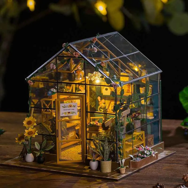 Wooden Miniature Dollhouse with LED Light Creative DIY Flower House Handmade 3D Puzzle Assembly Building Model Toys Doll Houses