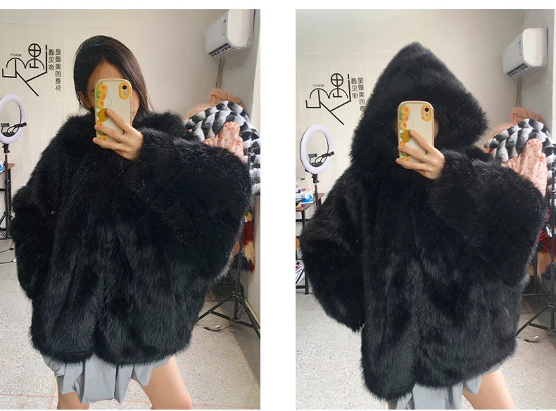 Nerazzurri Women's Faux Fur Coat with Hood - Warm & Fluffy