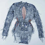 Custom rhinestones bodysuit tassels women Celebrate stage Team pole dance club party fashion leotard clothing