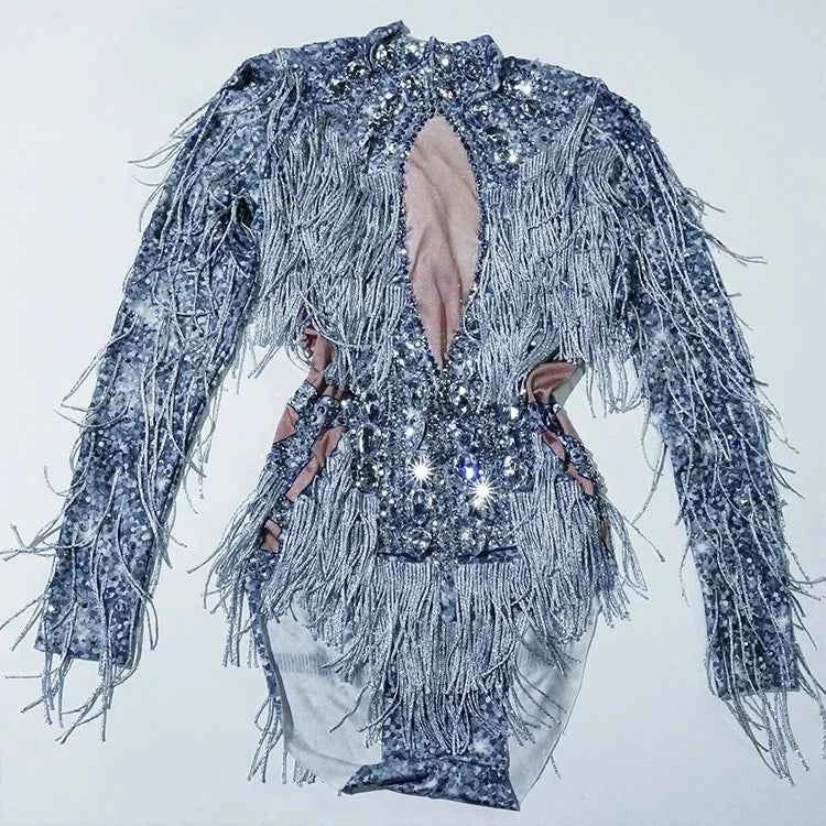 Custom rhinestones bodysuit tassels women Celebrate stage Team pole dance club party fashion leotard clothing