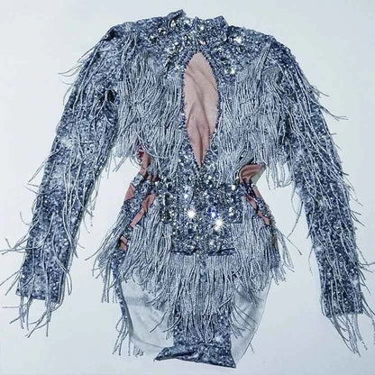 Custom rhinestones bodysuit tassels women Celebrate stage Team pole dance club party fashion leotard clothing