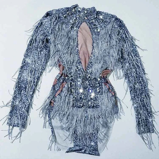 Custom rhinestones bodysuit tassels women Celebrate stage Team pole dance club party fashion leotard clothing
