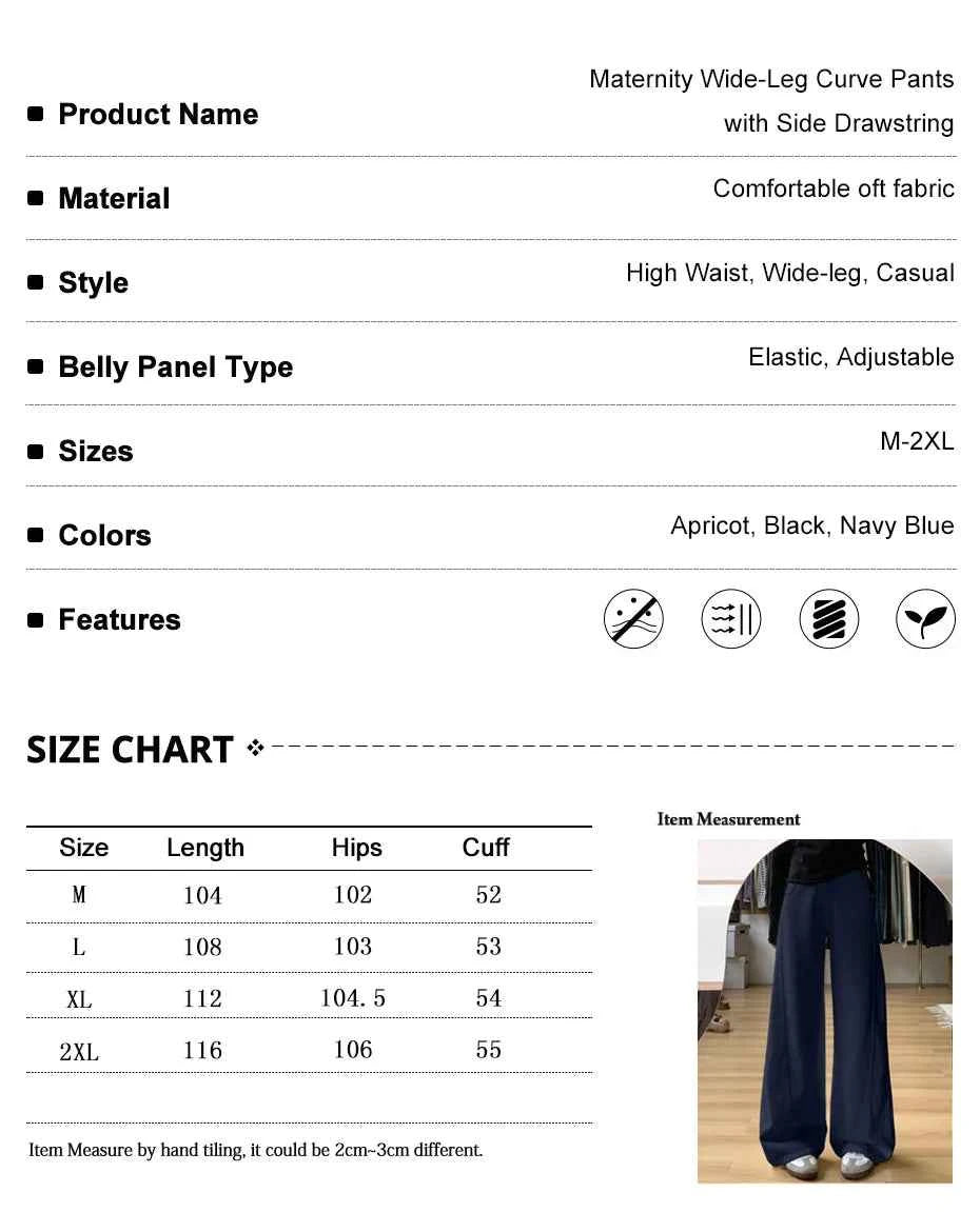 Drawstring Adjustable Maternity Wide-Leg Curve Pants High Waist Belly Support Retro Baggy Trousers for Spring Autumn 3 Colors